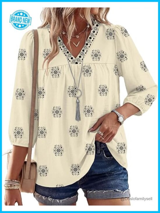 Tops - 3/4 Sleeve V Neck Boho Blouse Tunic with Puff Sleeve